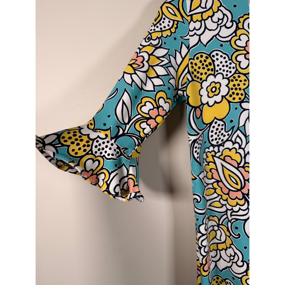 Leota Floral Paisley Ruffle Sleeve Shift Dress Teal Yellow XS Made in NY - Picture 4 of 9